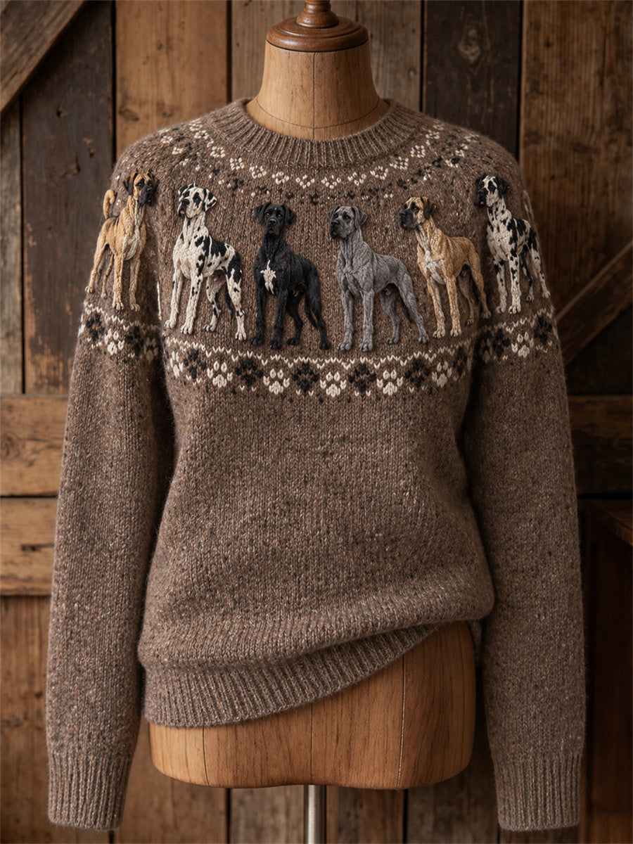 Kvinnlig vintage-tröja med rund hals och tryck av grand danois-hundar från Yoke Isle
