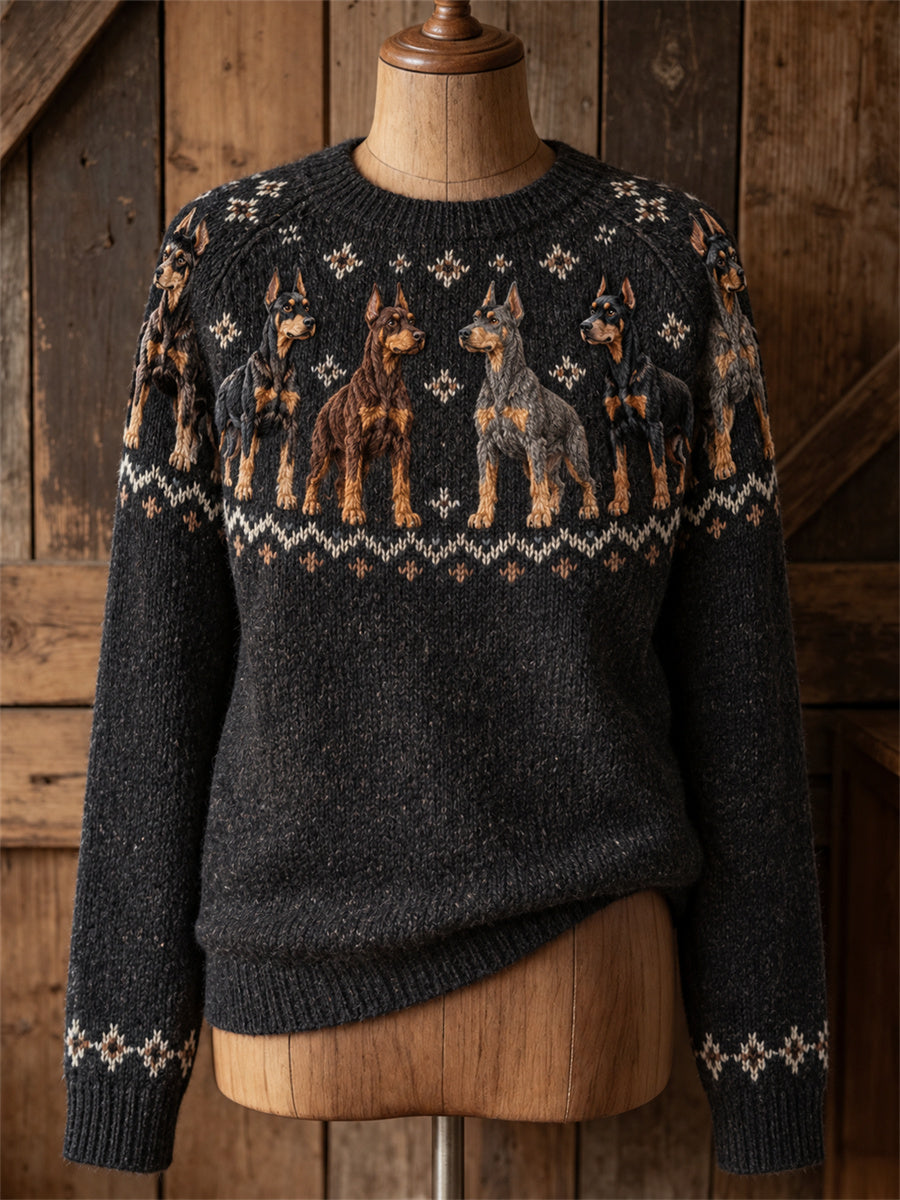 Vintage-damtröja med dobermannhundar och Yoke Isle-mönster, rund hals