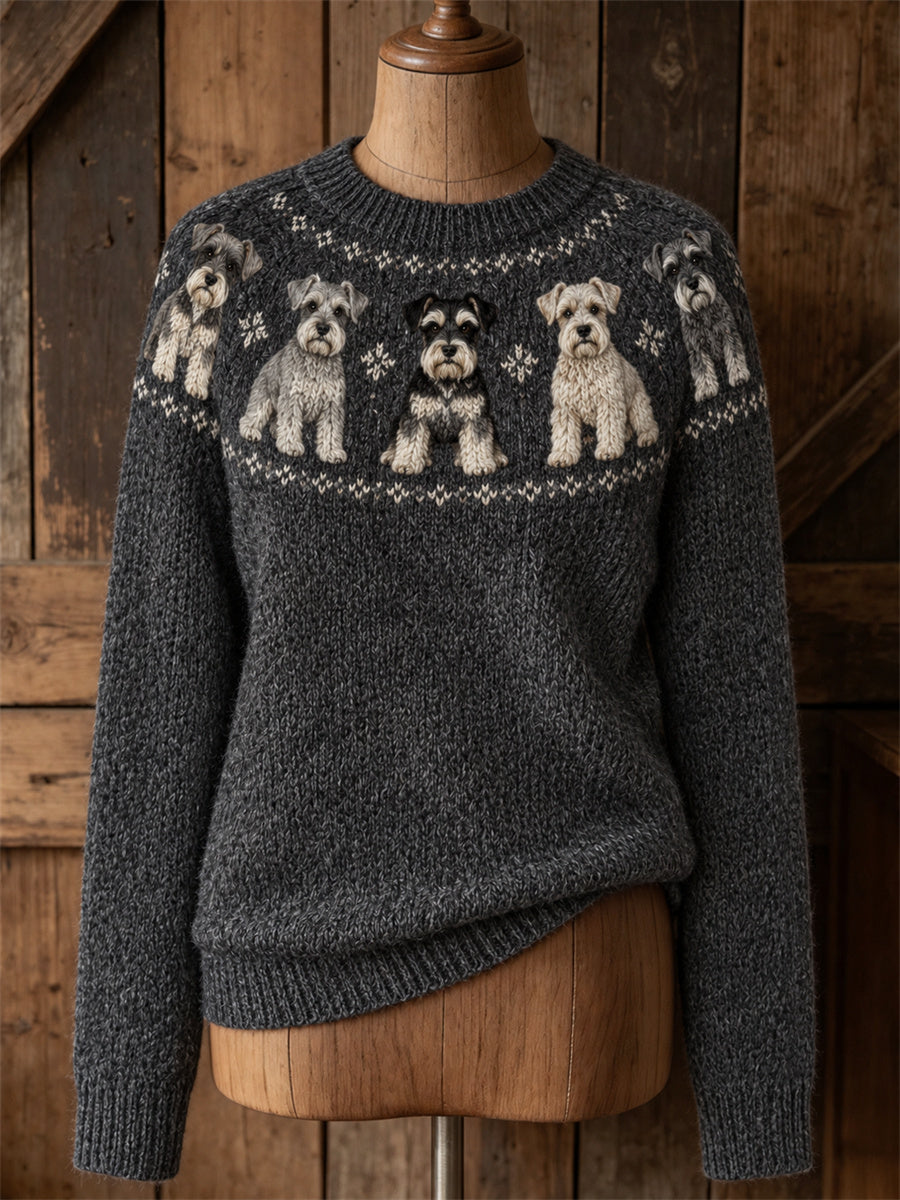 Damtröja med rund halsringning, vintage-mönster med schnauzertikar från Yoke Isle