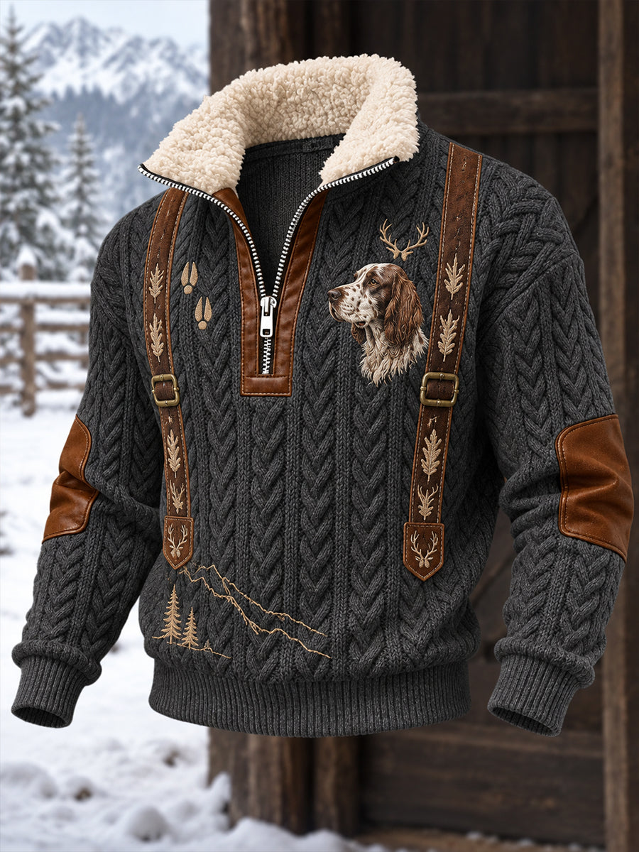 Mäns Vintage västra jakt konst Skriv ut Casual Stand-Collar Jacka med Faux pälskrage.