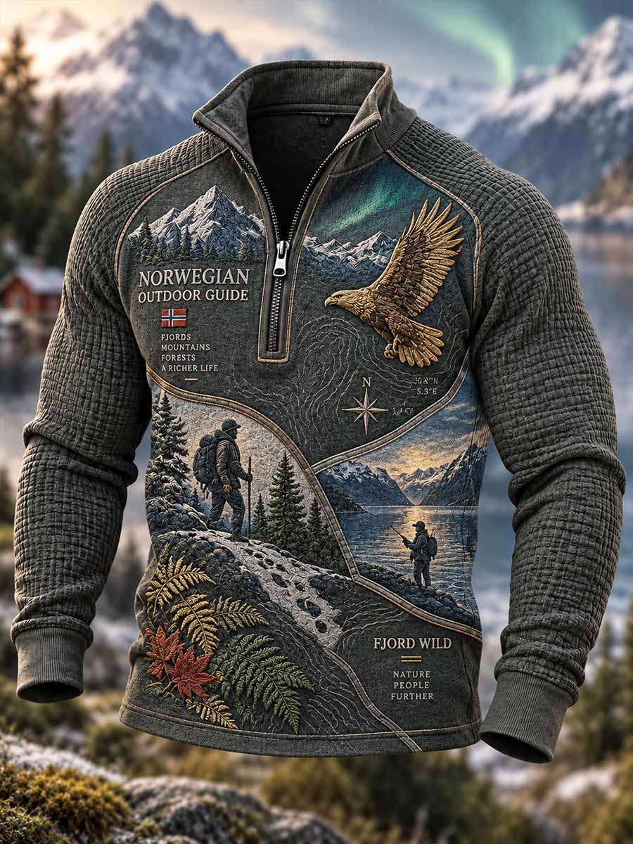 Vintage-mønstret herresweatshirt med motiv fra det tradisjonelle friluftslivet