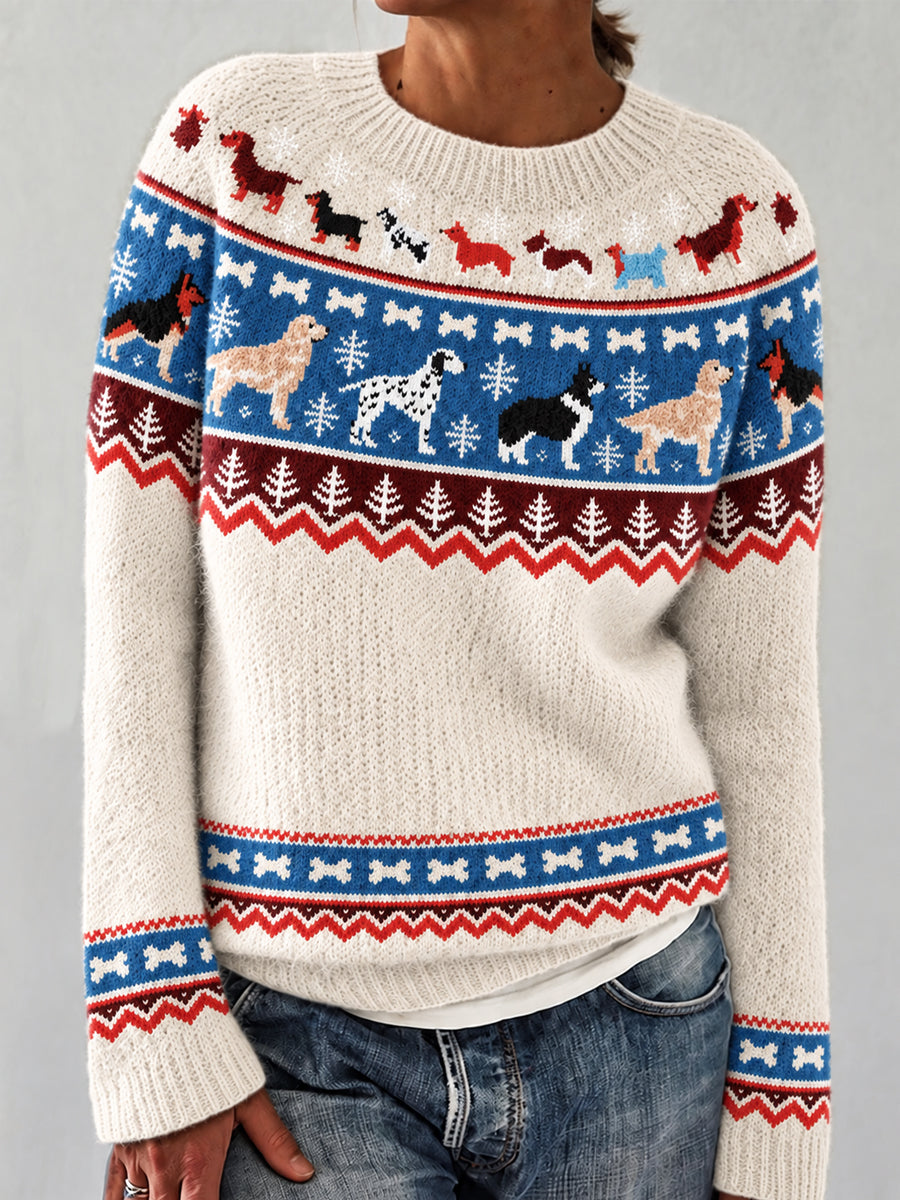 Damer Tröja med lång ärm och rund halsringning, mönster med hundraser från Fair Isle