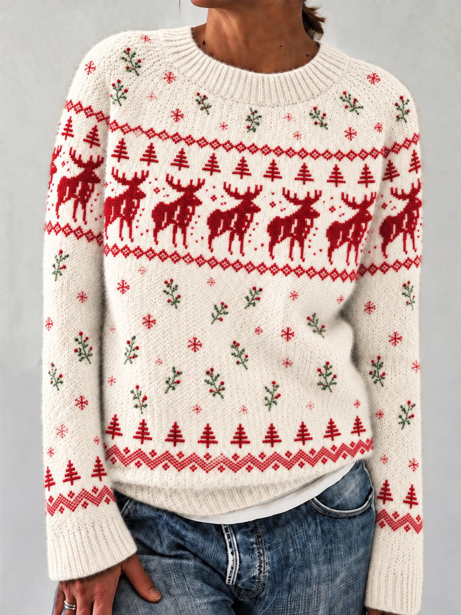 Dammtröja med lång ärm och rund halsringning, mönstrad i Fair Isle-stil med snöiga renar