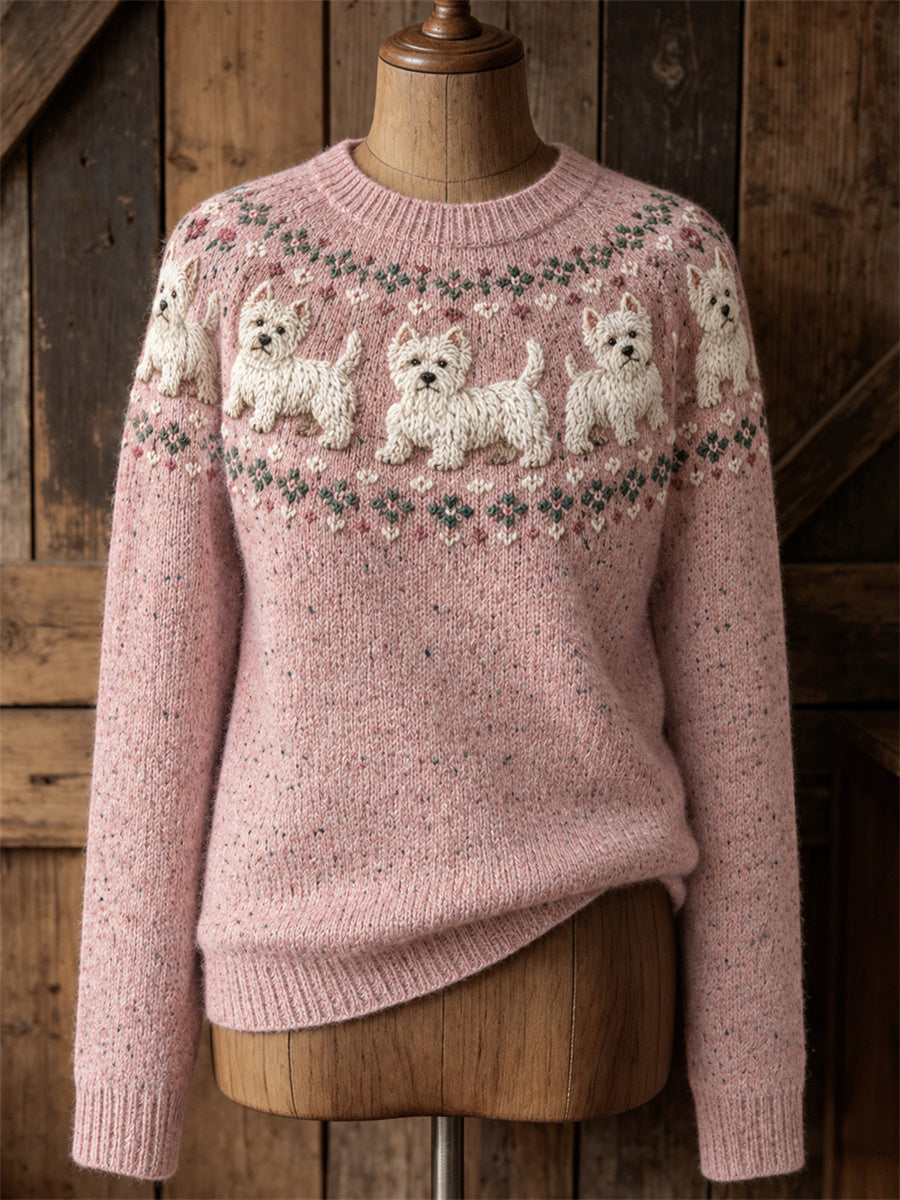 Kvinnors Vintage West Highland Vita Terrier hundar Yoke Isle Print besättning hals tröjar