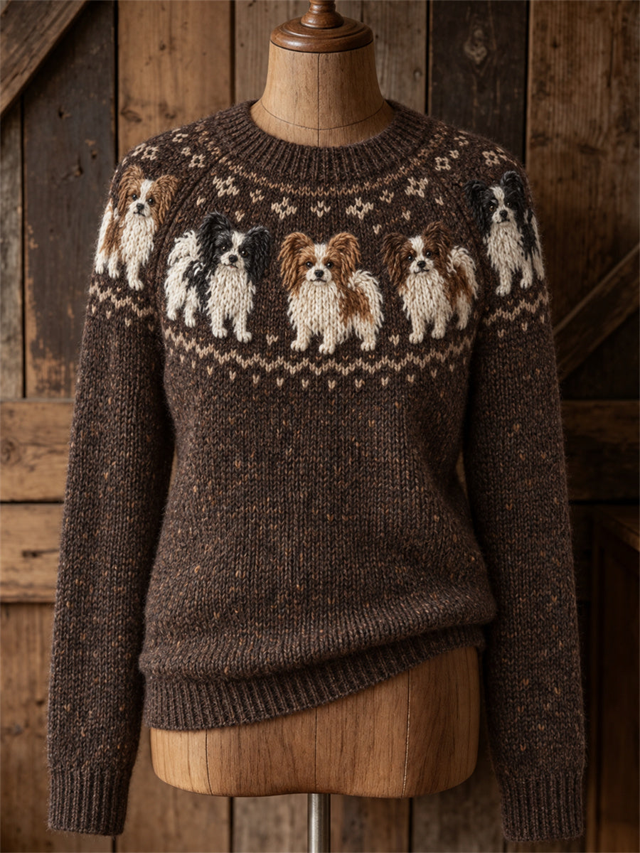Damens Papillon Dogs Yoke Isle Print besättning hals tröjar