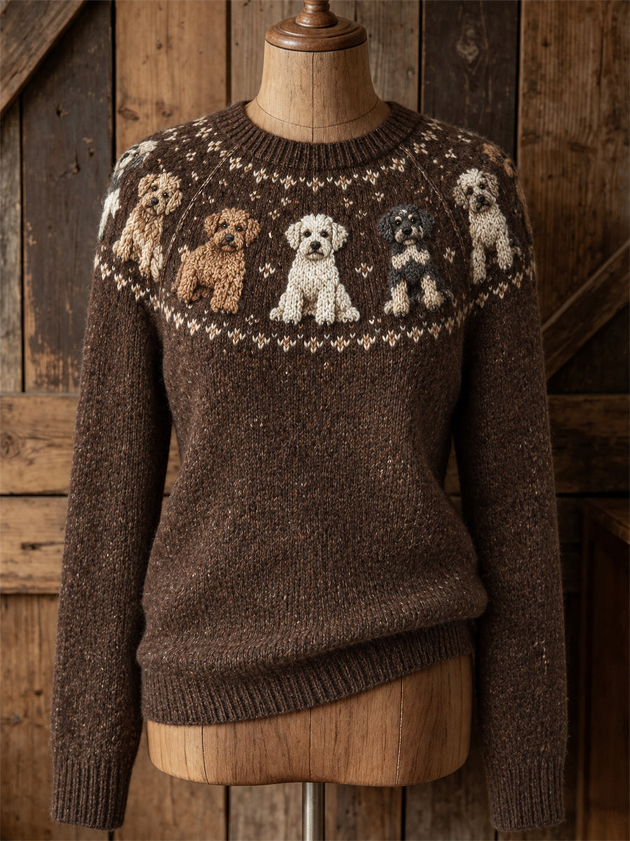 Kvinnor Teddy Poodle hundar Yoke Isle Print besättning hals tröjar