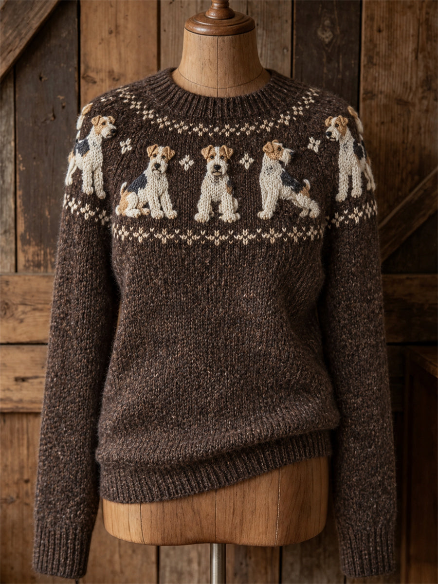 Kvinnor tråd Fox Terrier hundar Yoke Isle Print besättning hals tröjar