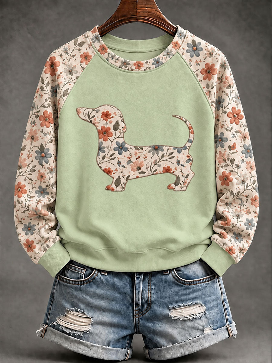 Kvinnor Dachhund blomster Print Casual Raglan Slem Sweatshirt