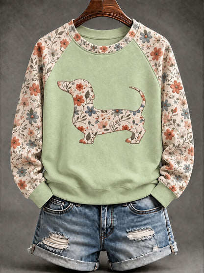 Kvinnor Dachhund blomster Print Casual Raglan Slem Sweatshirt