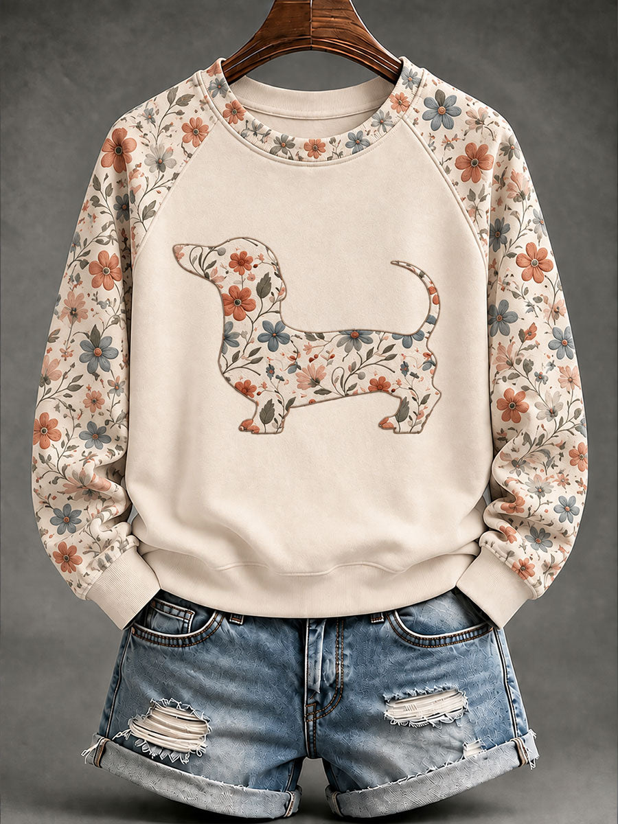 Kvinnor Dachhund blomster Print Casual Raglan Slem Sweatshirt