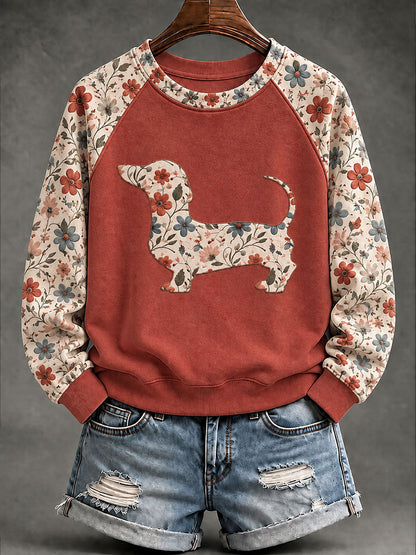 Kvinnor Dachhund blomster Print Casual Raglan Slem Sweatshirt