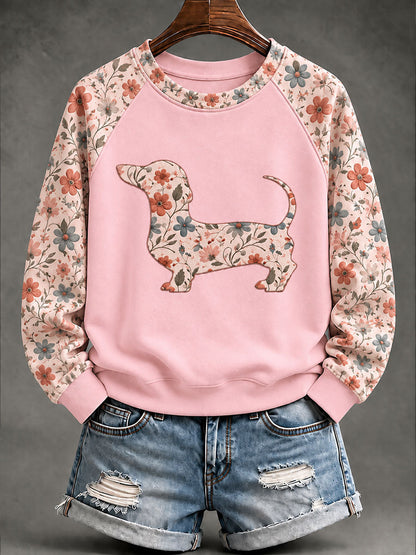 Kvinnor Dachhund blomster Print Casual Raglan Slem Sweatshirt