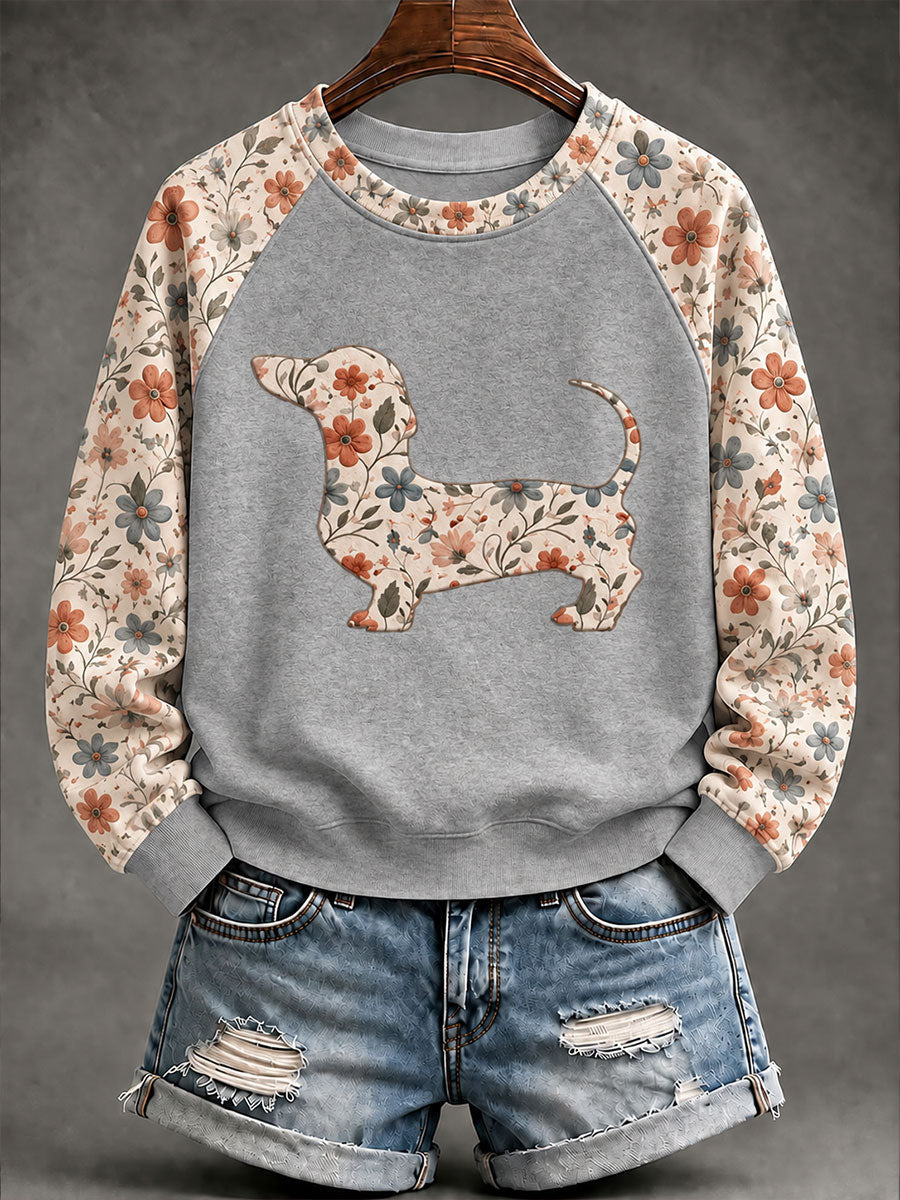 Kvinnor Dachhund blomster Print Casual Raglan Slem Sweatshirt