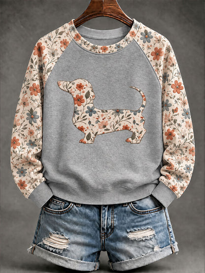 Kvinnor Dachhund blomster Print Casual Raglan Slem Sweatshirt