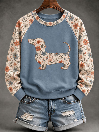 Kvinnor Dachhund blomster Print Casual Raglan Slem Sweatshirt