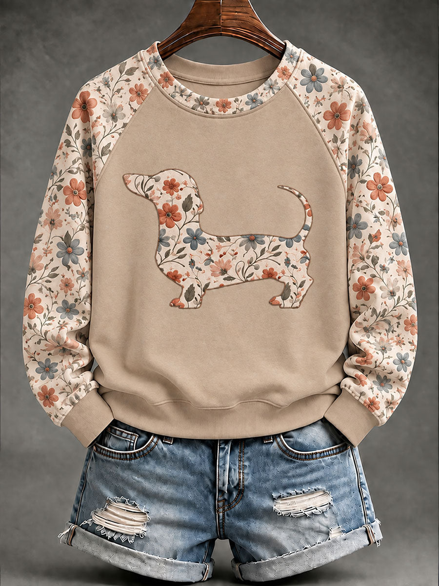 Kvinnor Dachhund blomster Print Casual Raglan Slem Sweatshirt