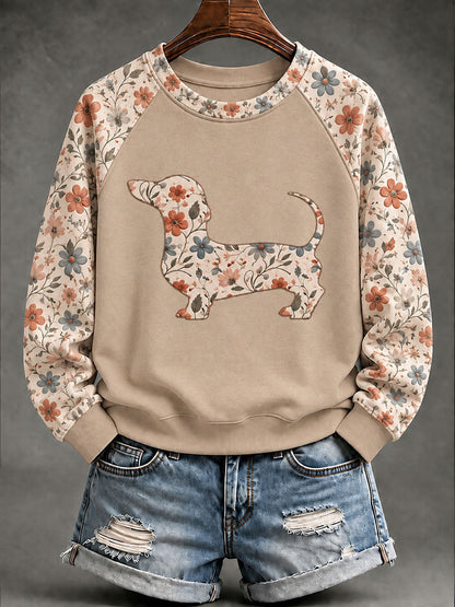 Kvinnor Dachhund blomster Print Casual Raglan Slem Sweatshirt