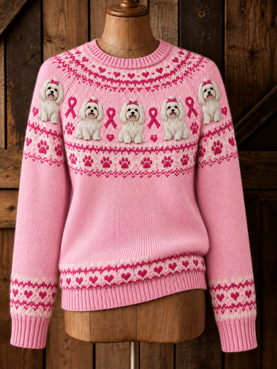 Kvinnors Vintage Pink Ribbon Maltese Joke Isle Print Långärmad tröjar