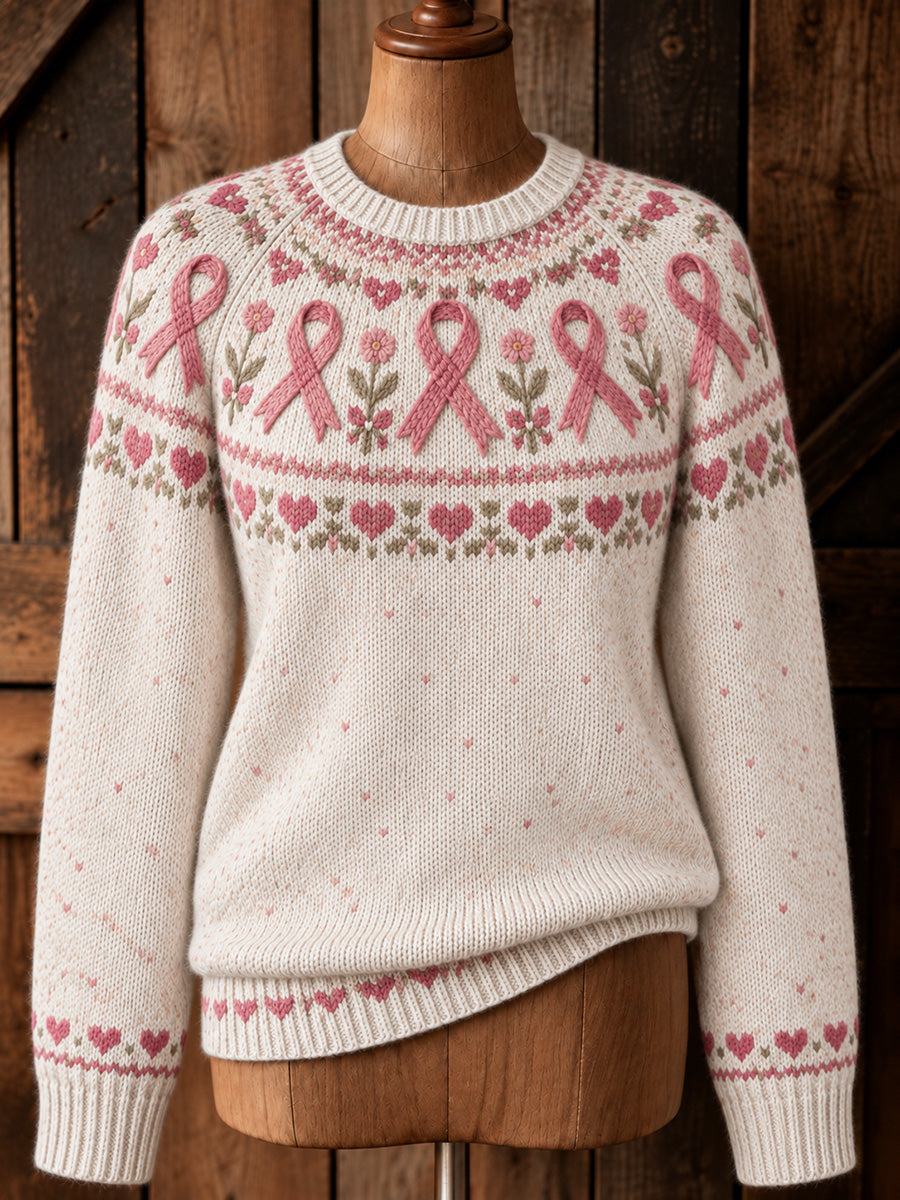 Kvinnors Vintage Pink Ribbon Yoke Isle Print Långärmad tröjar