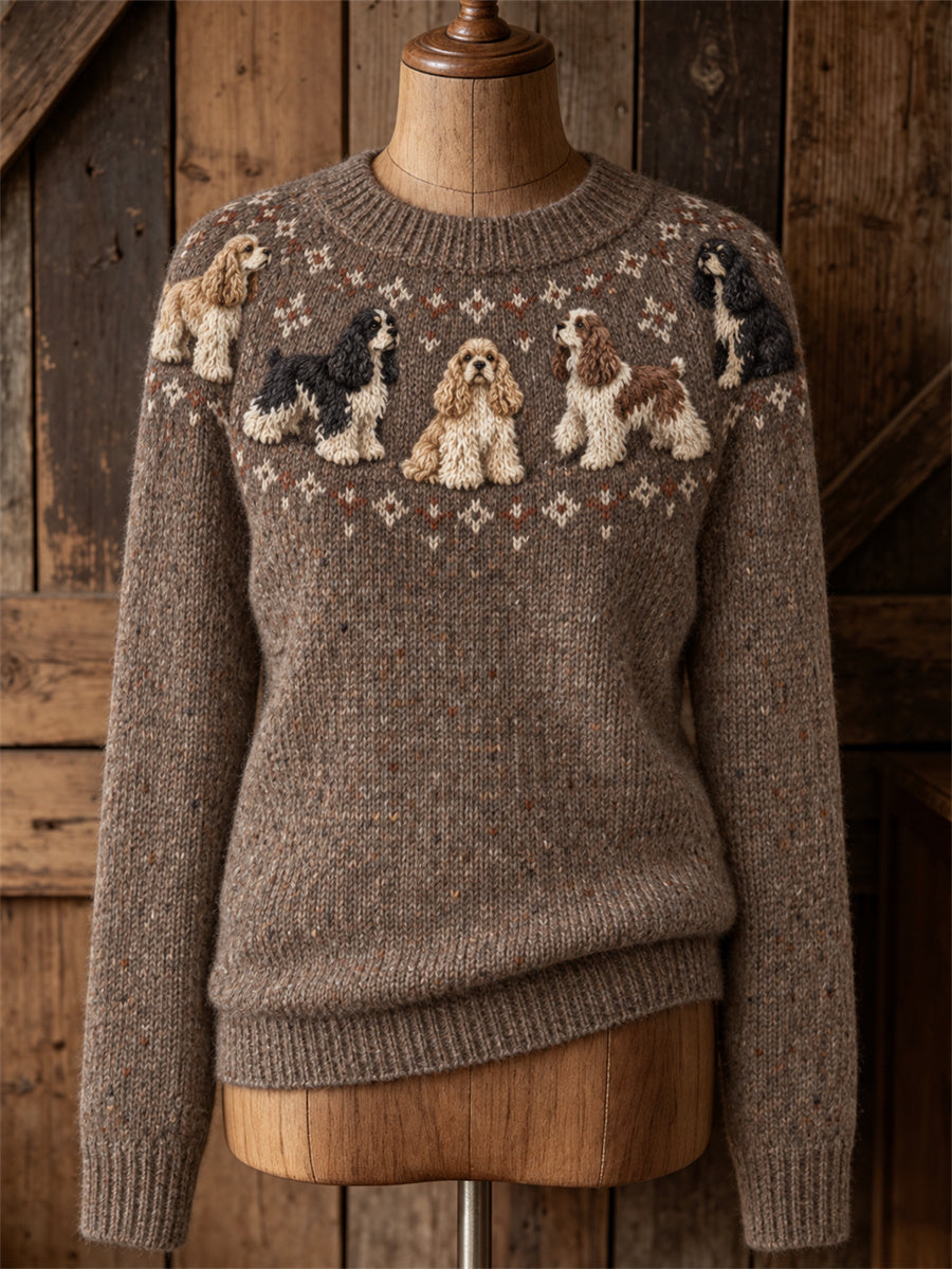 Kvinnors Vintage amerikanska Cocker Spaniel Dogs Yoke Isle Print besättning hals tröjar