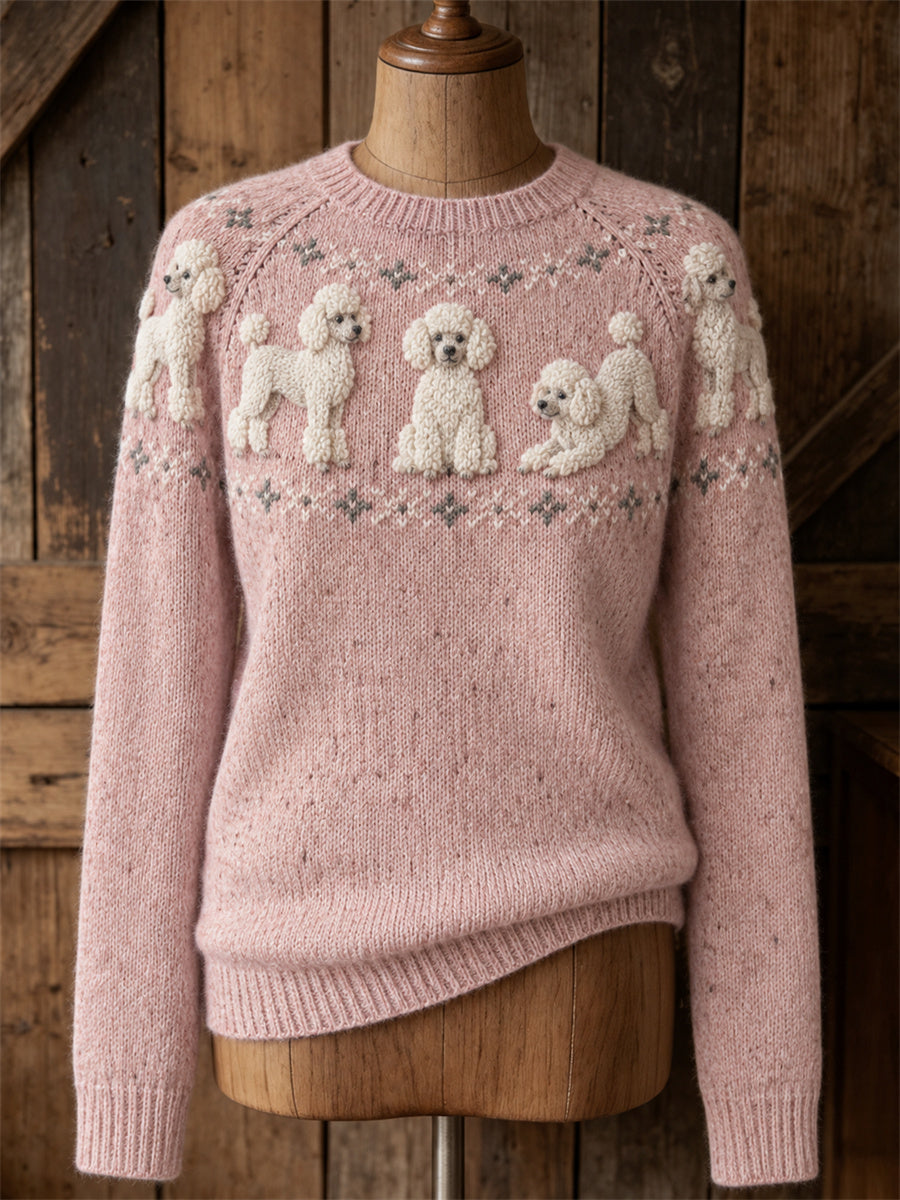 Kvinnors Vintage Classy Poodel hundar Yoke Isle Print besättning hals tröjar