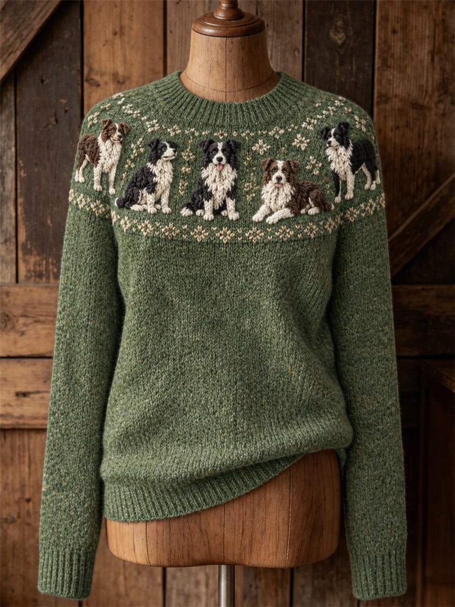 Kvinnors Vintage gård Border Collie Hundar Yoke Isle Print besättning hals tröjar