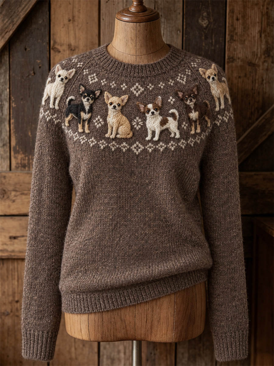 Kvinnors Vintage Chihuahua hundar Yoke Isle Print besättning hals tröjar