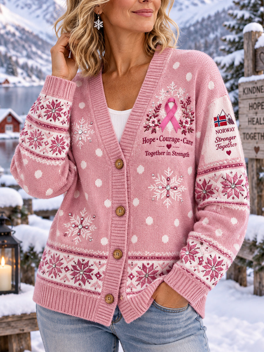 Kvinner brystkreftforvisning Print V-hals strikket cardigan