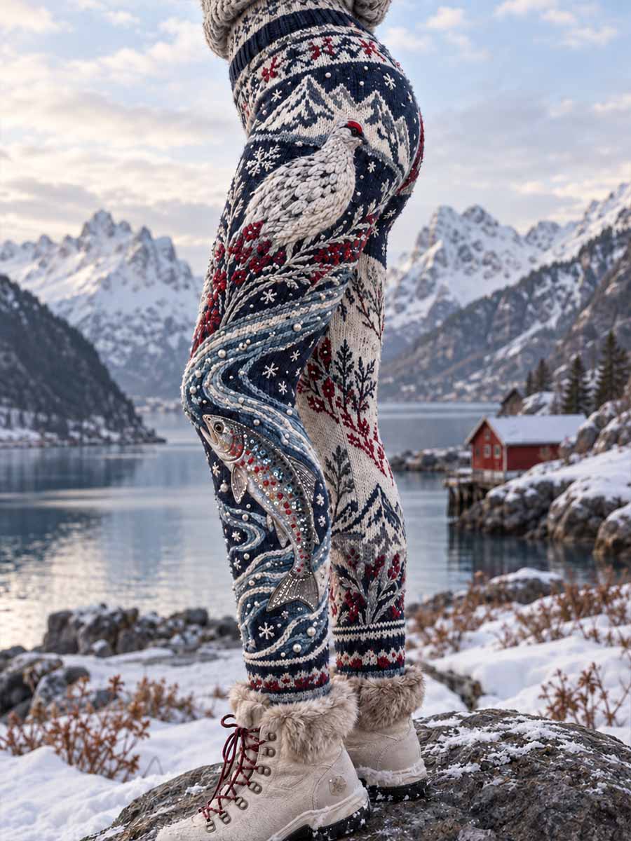 Dameleggings med retrojaktmotiv og tiurtrykk