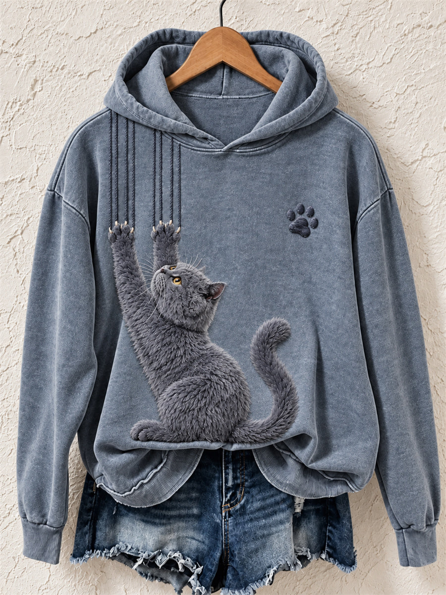 Kvinnors roliga brittiska stenografi blå katt & klo skrap Skriv ut Mysig Hoodie Print
