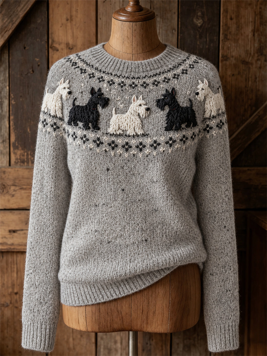 Kvinnors Vintage Skotska Terriers Yoke Isle Print besättning hals tröjar