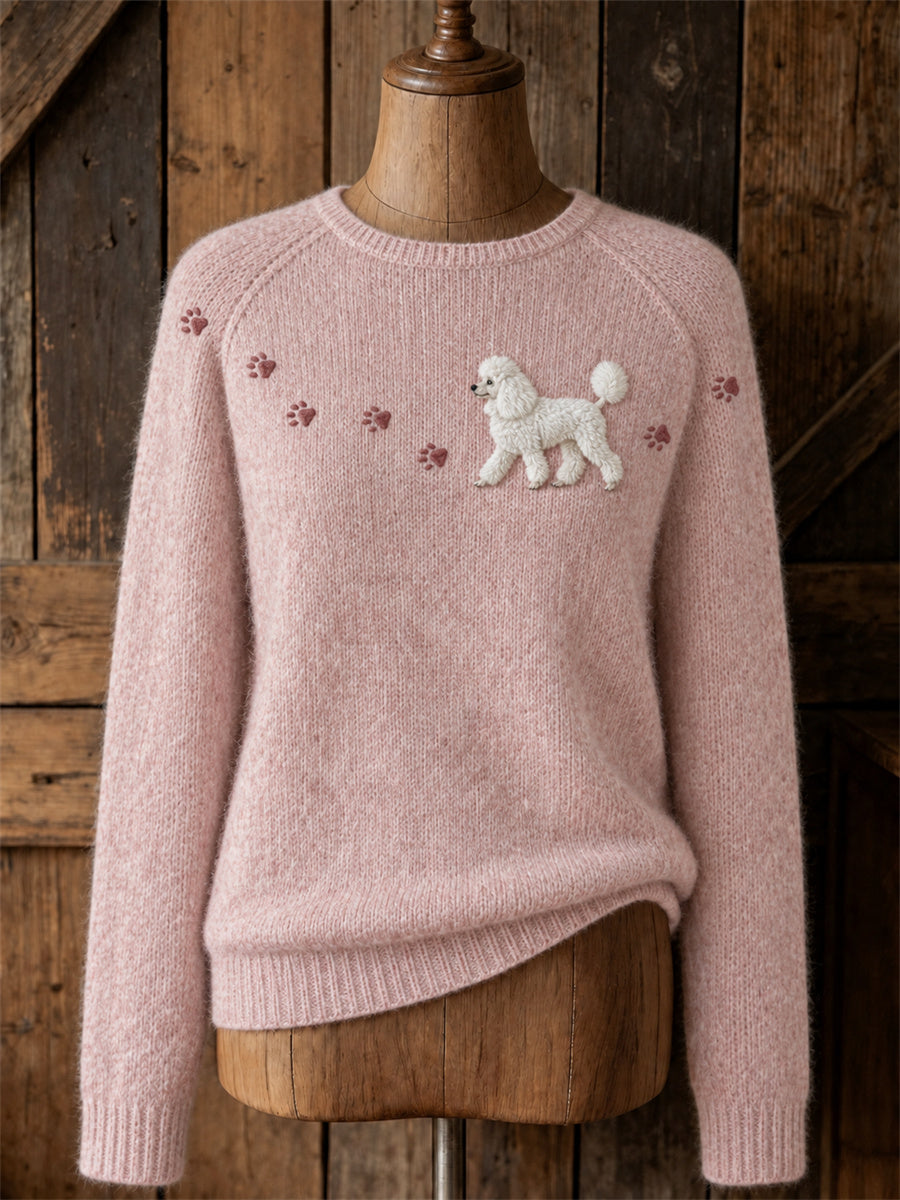 Kvinnors ljuvliga pudel hund Walking & Paw Prints Yoke Print besättning hals tröjar