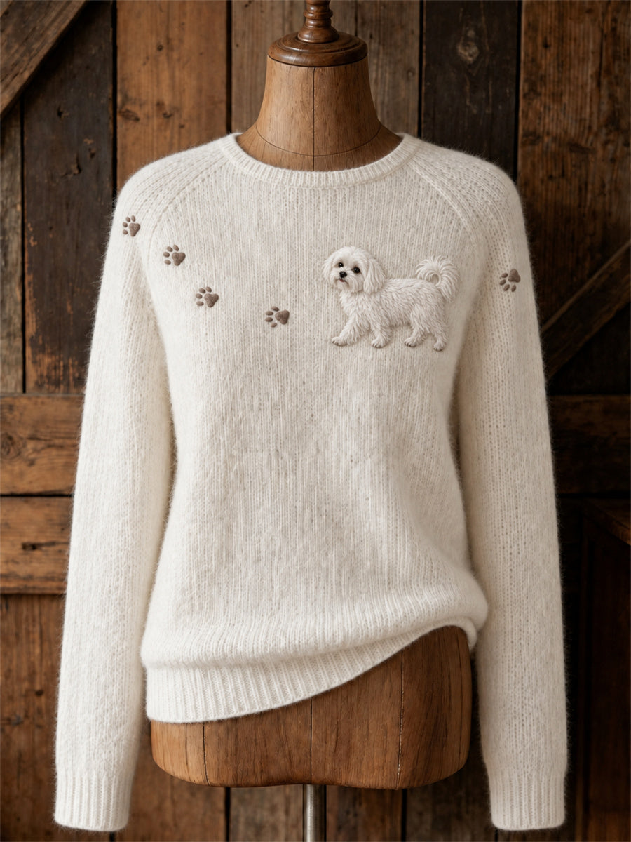 Kvinnors ljuvliga maltesiska hund Walking & Paw Prints Yoke Print besättning hals tröjar