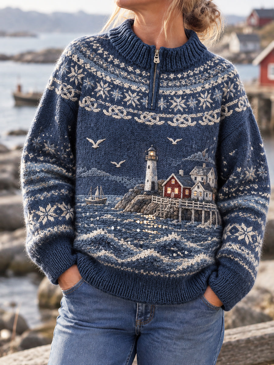 Kvinnors klassiska Skandinaviska Retro kustnära Inspirerade blixtlås Pullovere