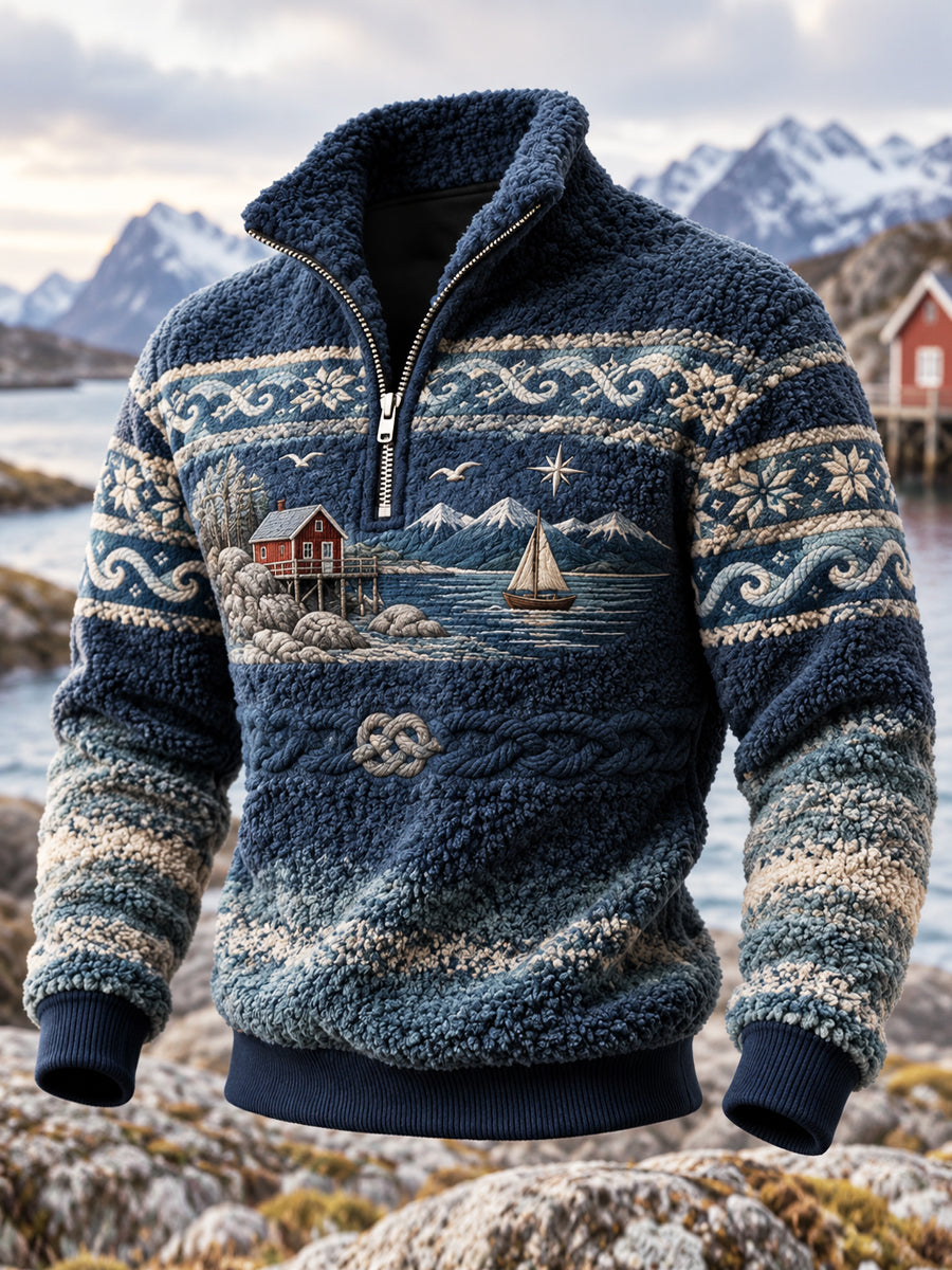Retro Nordic kustnära Inspirerad Flannel Zip-Up Sweatshirt