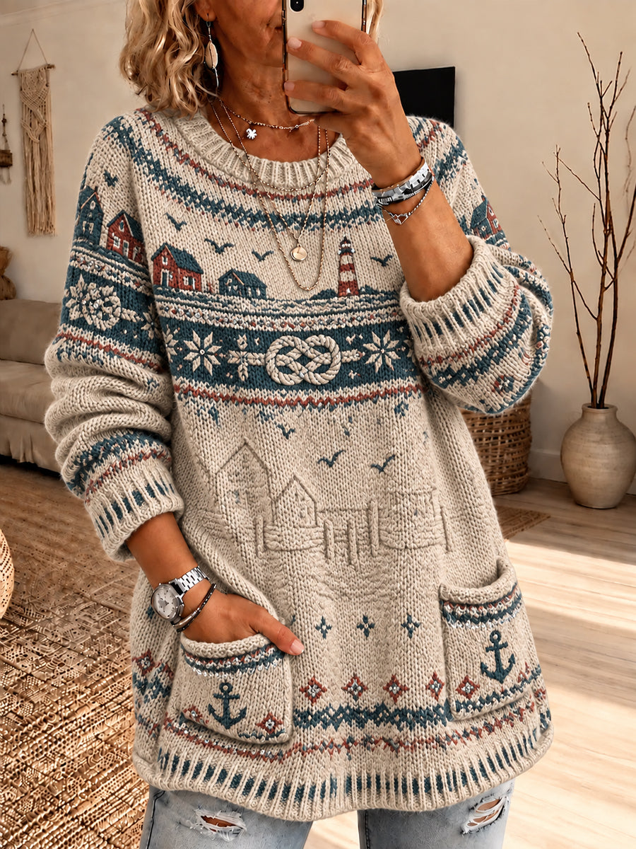 Kvinnors nordiska Retro Kustkultur Ön Sweatshirt