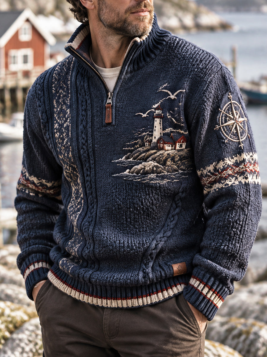 Herrens Retro Nordic Kustkultur och konst Zip-Up Sweatshirt