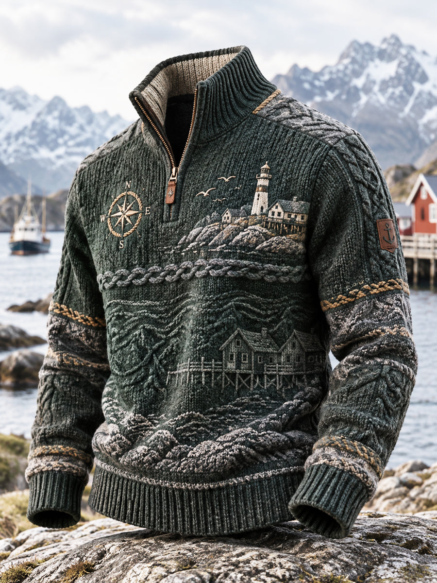Retro Nordic Coastal Culture Island Zip-Up Sweatshirt
