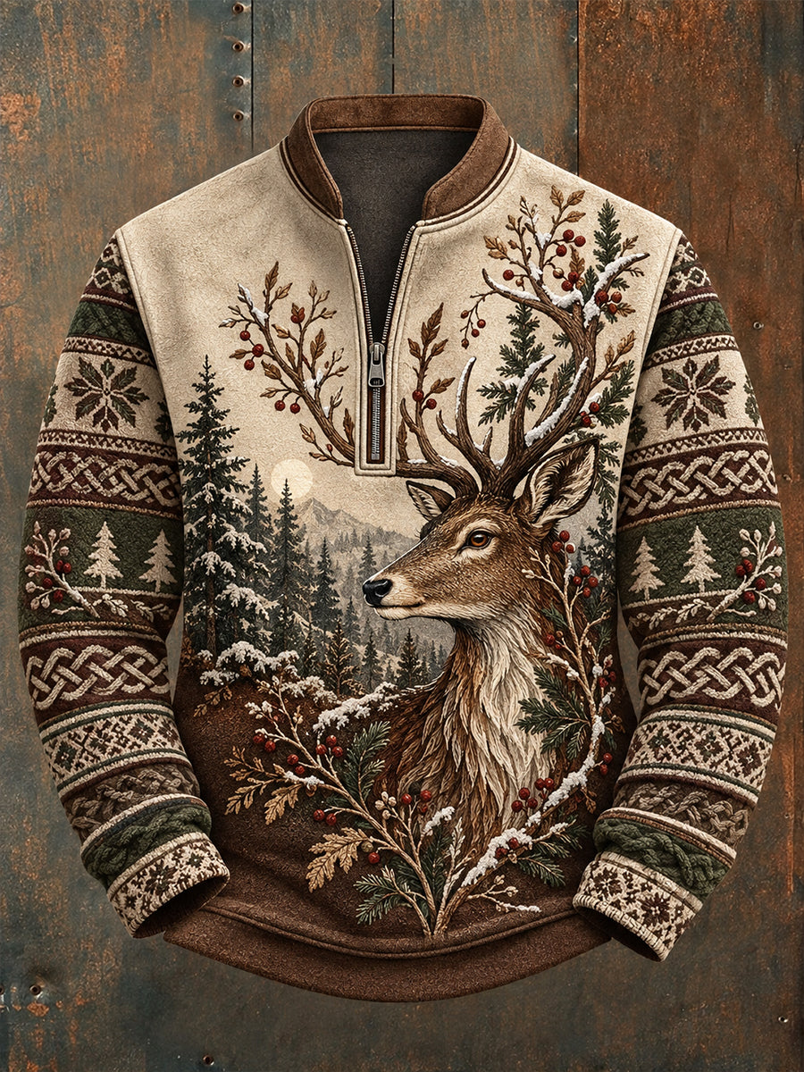Mäns nordiska djur Skriv ut Flannel Halv-Zip Sweatshirt