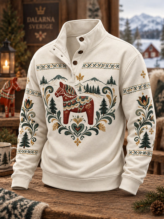 Herrpullover med Dalafolkets traditionella mönster, avslappnad stil och knäppning
