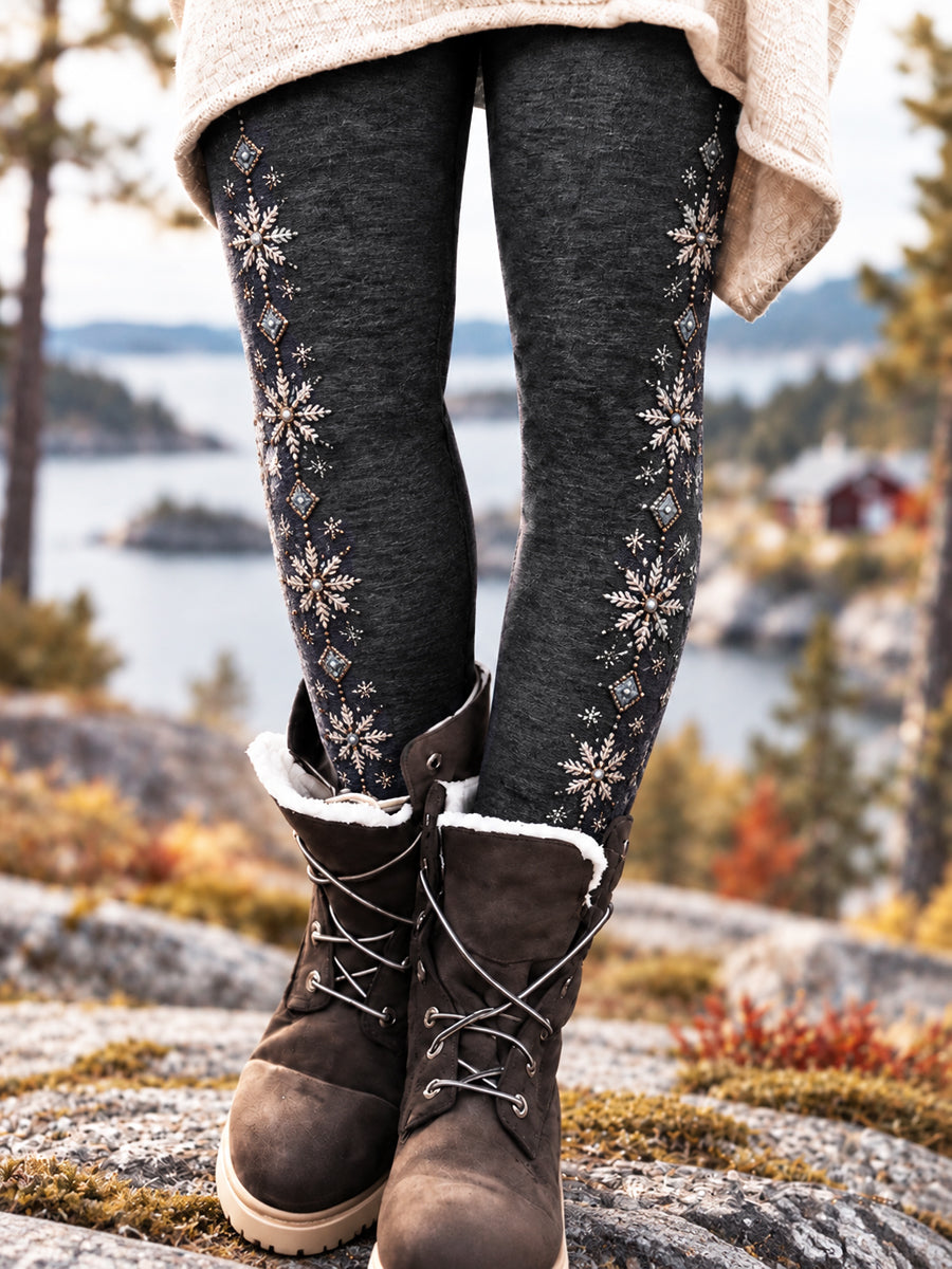Kvinnor Retro Nordic-Style Snowflake Leggings