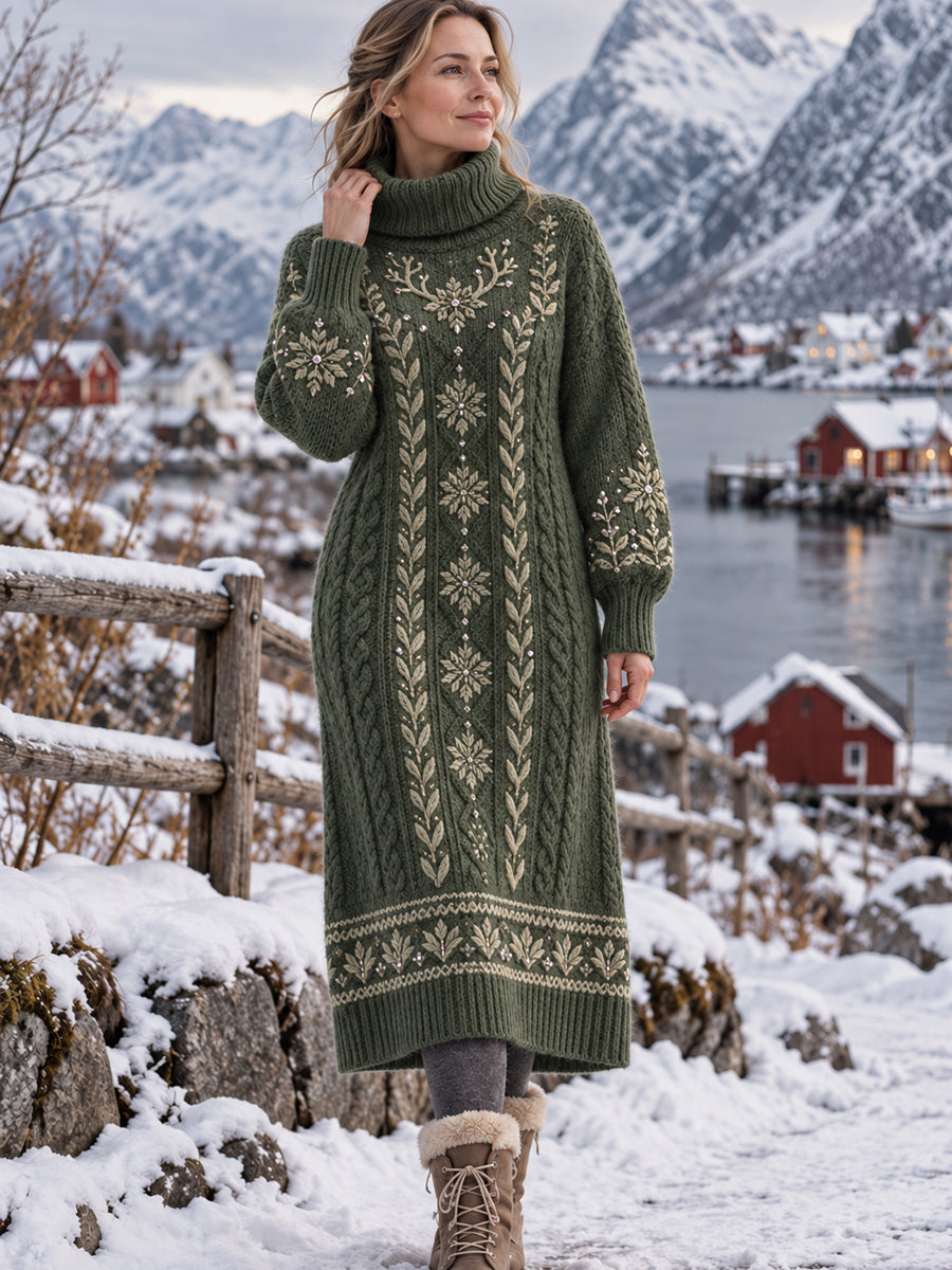 Kvinnors nordiska Moose-Print hög hals klänning