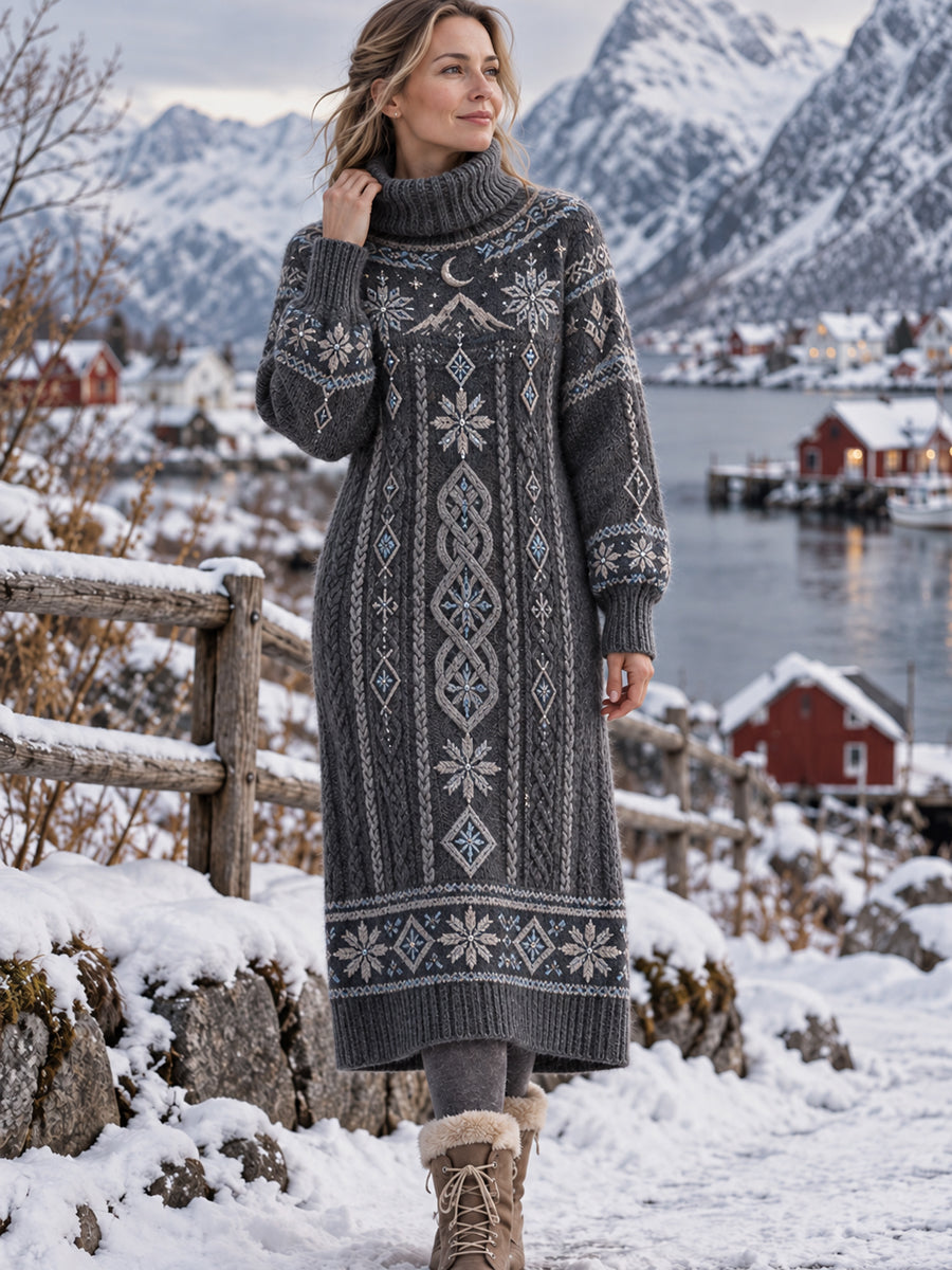 Kvinnors klassiska Nordic flätad-mönster hög hals klänning