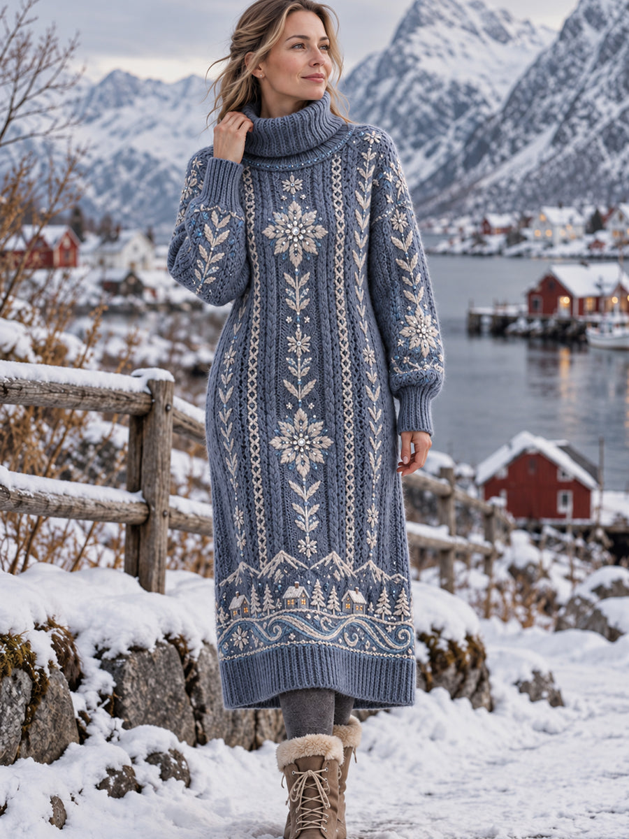 Kvinnors nordiska snowflake-Print Konstnärliga hög hals klänning