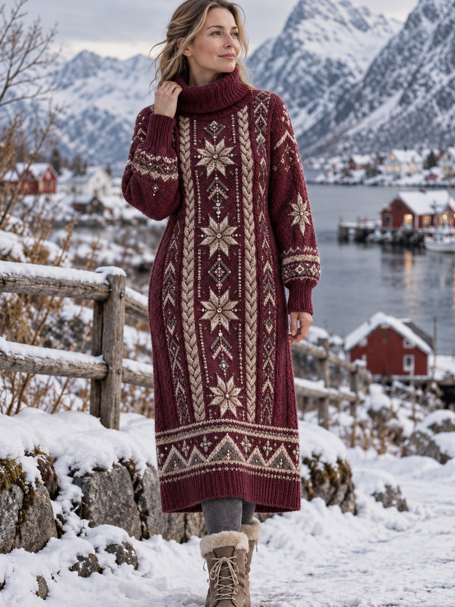 Kvinnors Classic Nordic-Print hög hals klänning