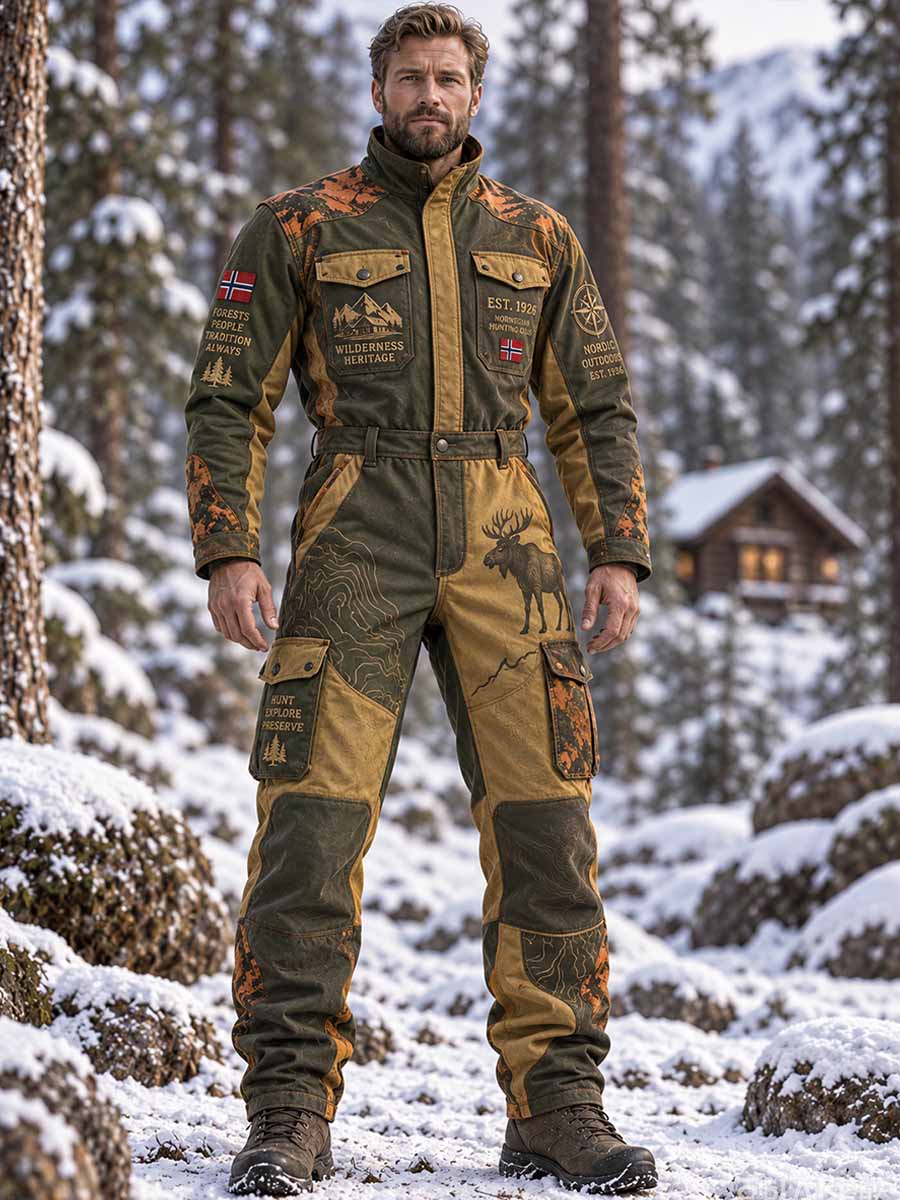 Menns retro jumpsuit med jaktsesongmønster for utendørsbruk
