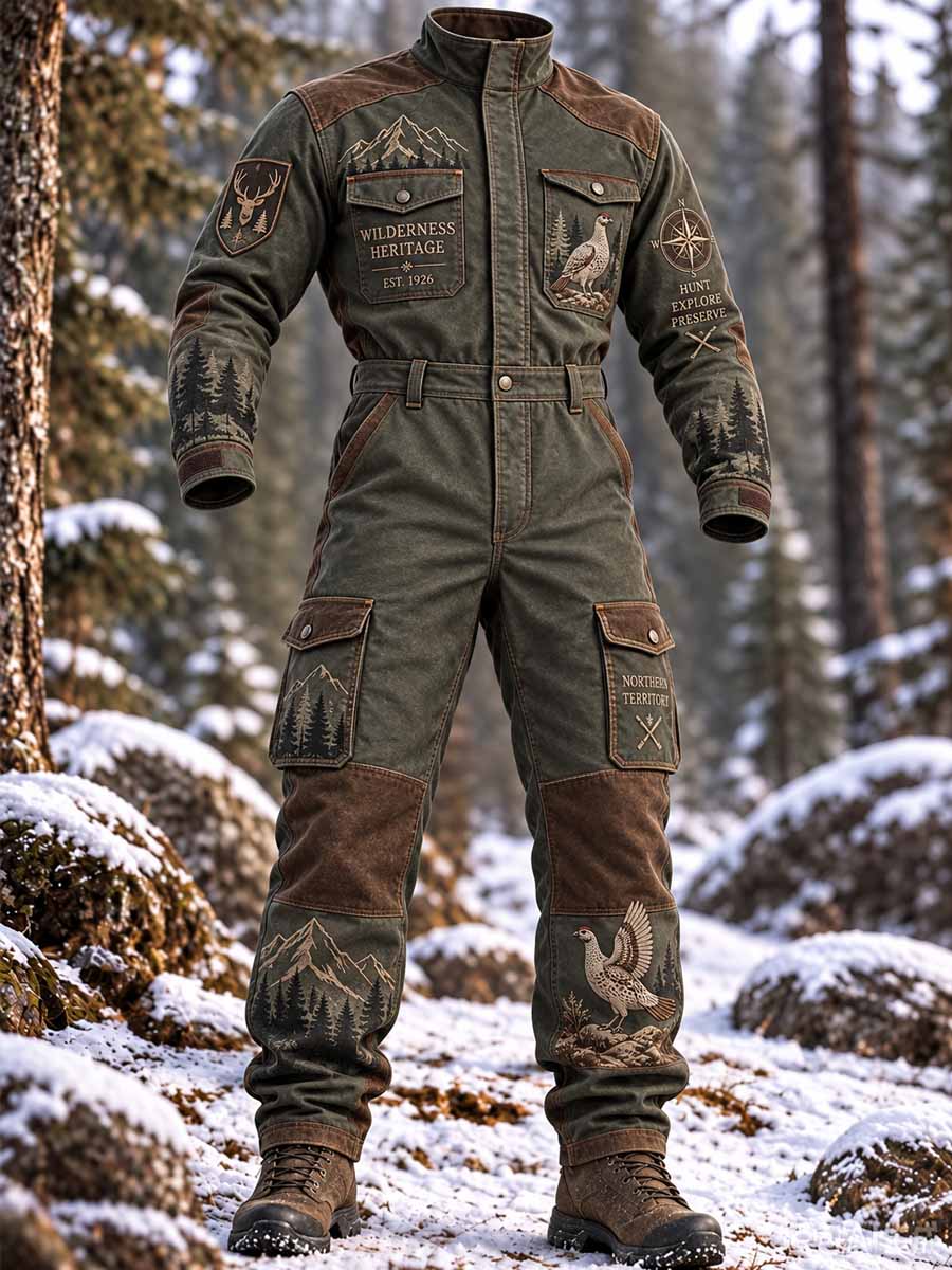Menns retro jumpsuit med jaktsesongmønster for utendørsbruk