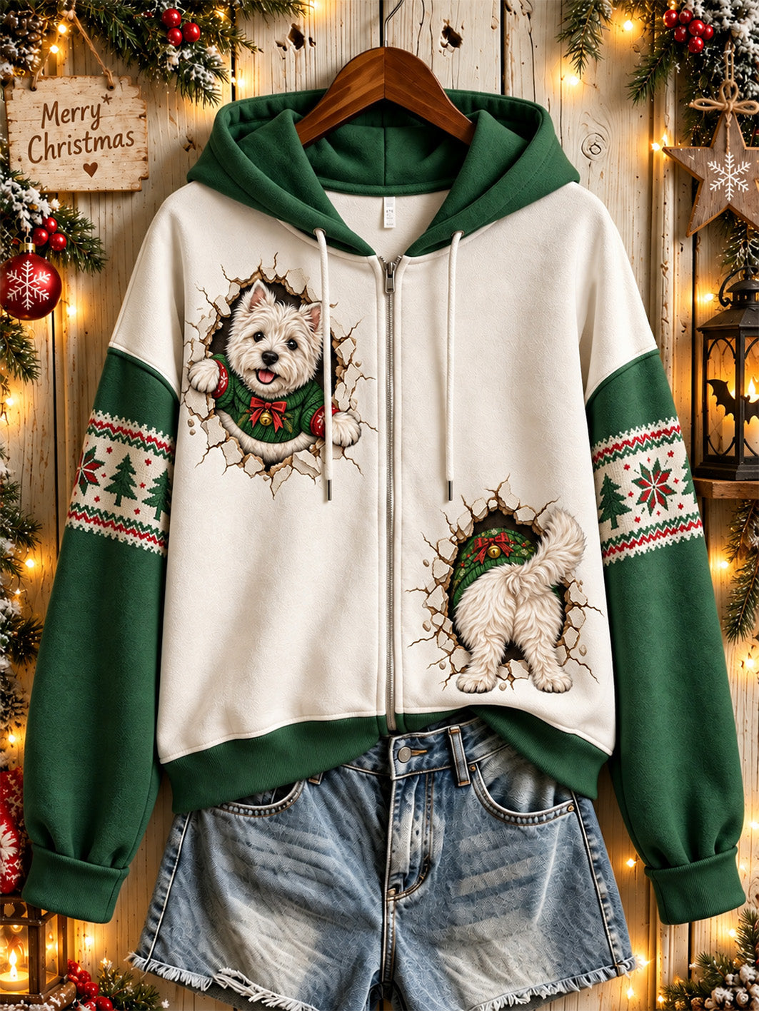 Damtröja med julmotiv och hundar, avslappnad hoodie med dragkedja