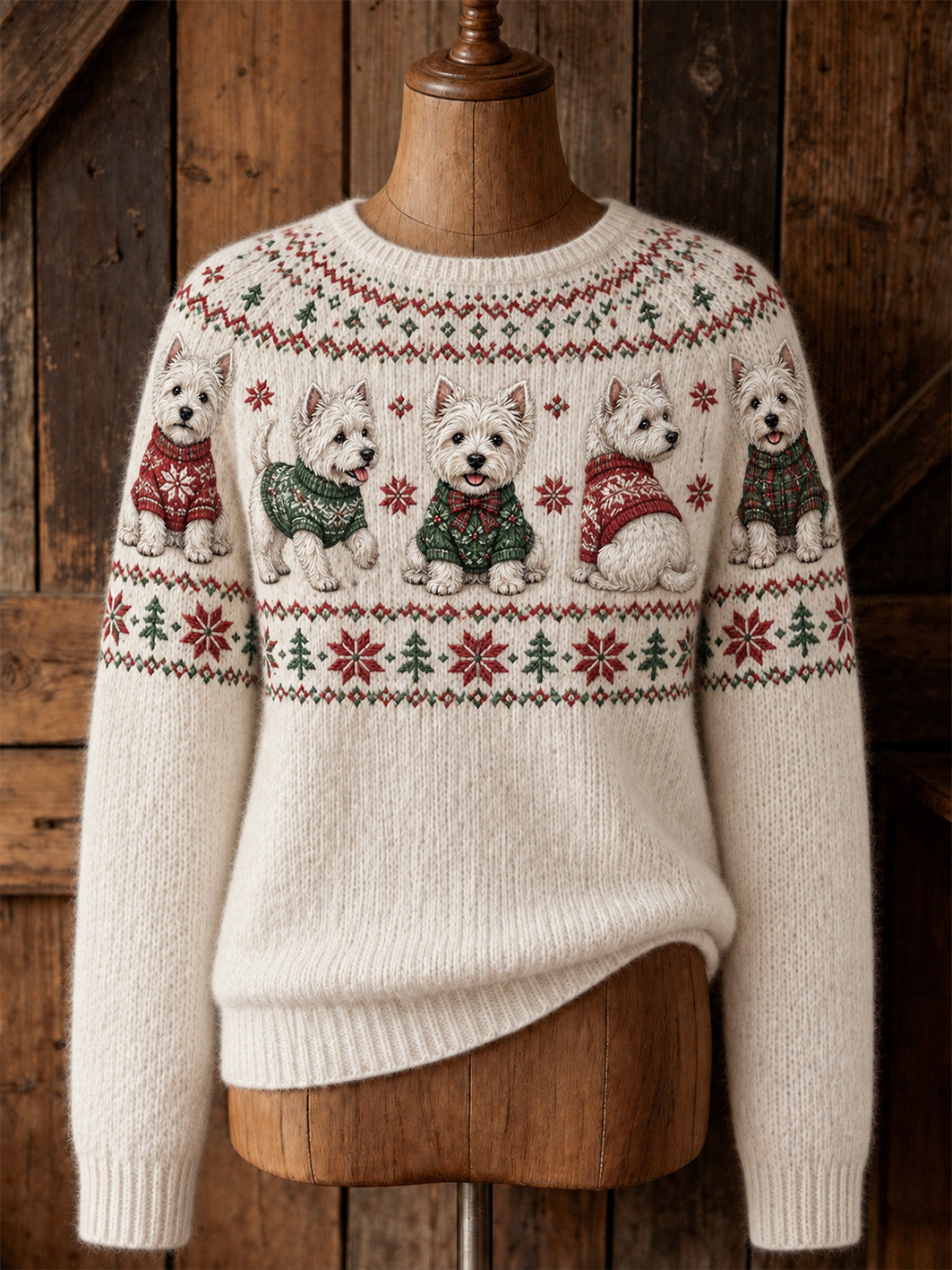 Damsweater med julmotiv i west highland-stil, avslappnad modell med rund hals