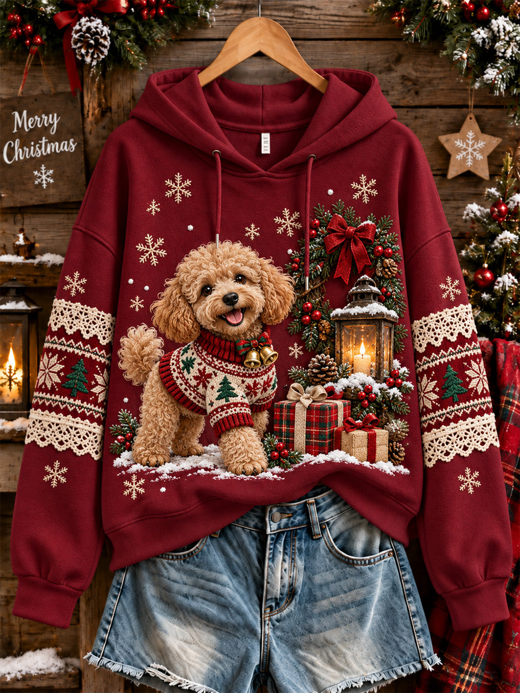 Damtröja med jultema och pudelmönster, avslappnad hoodie